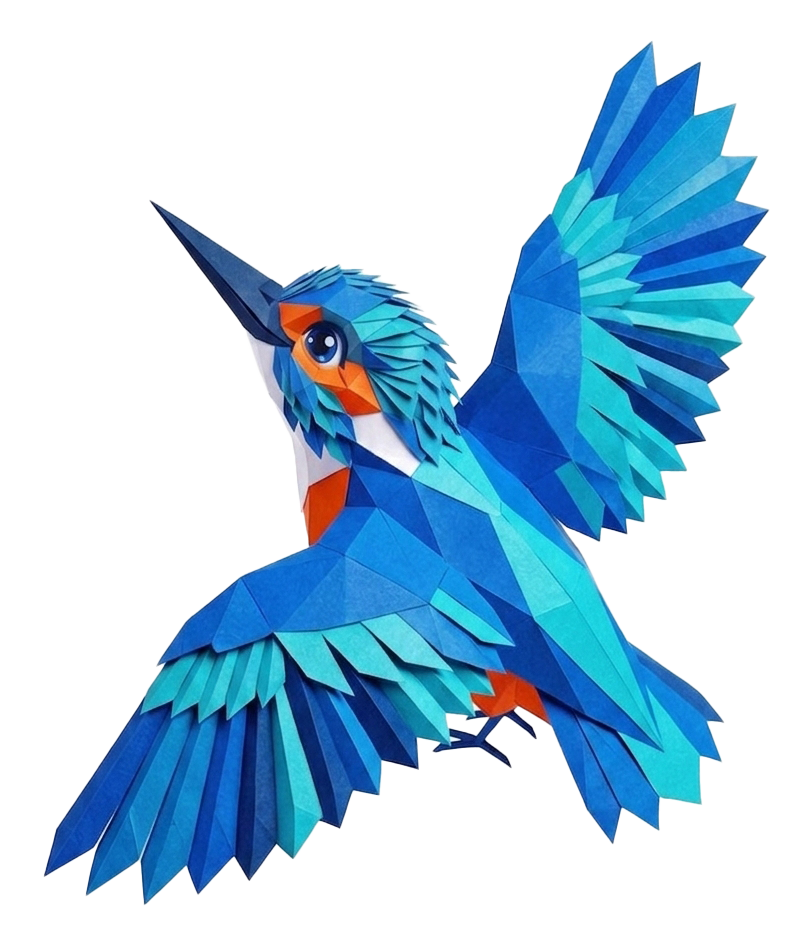 Marti, the papercraft kingfisher, in flight